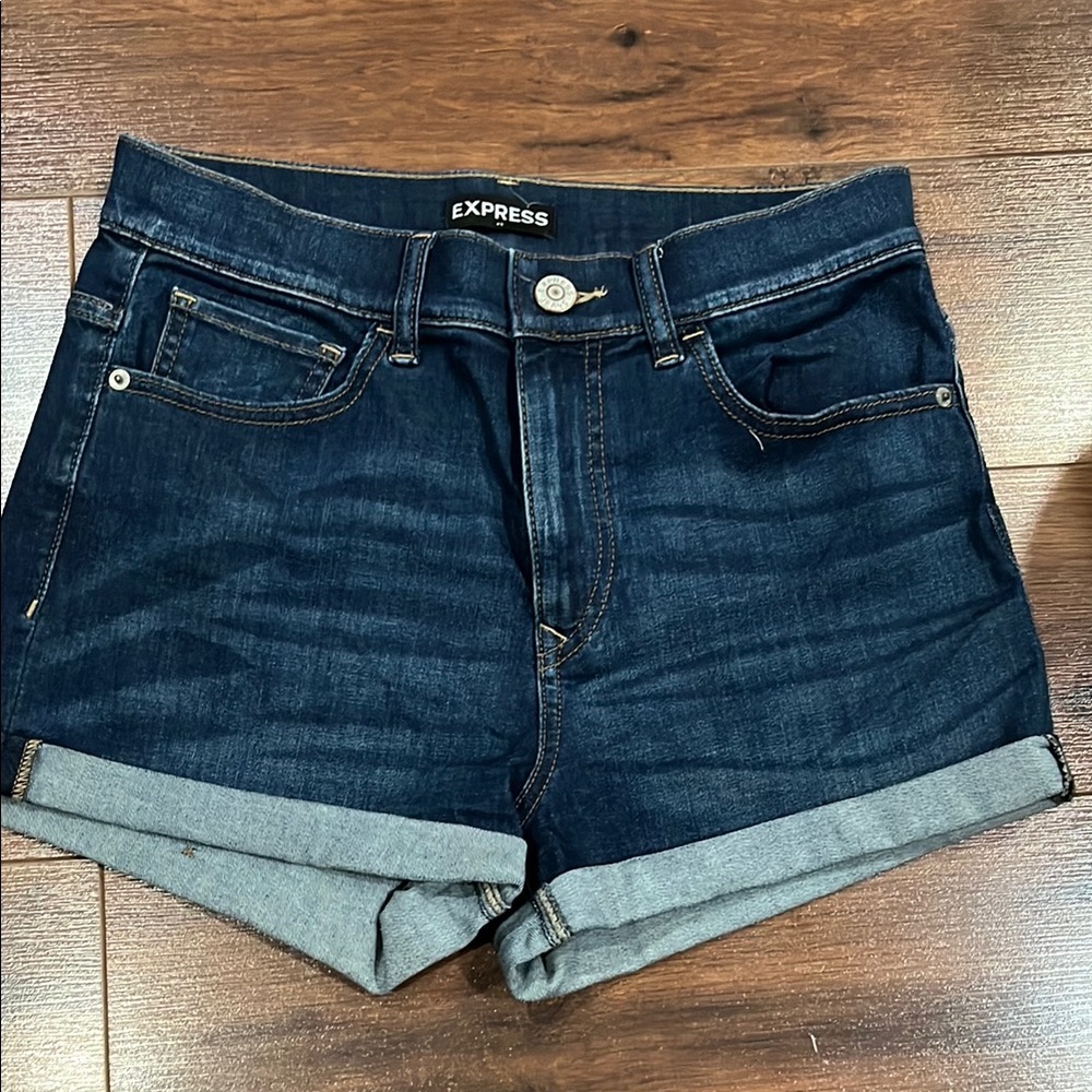 Express Blue Jean Shorts with Rolled Hem and Distressed Look